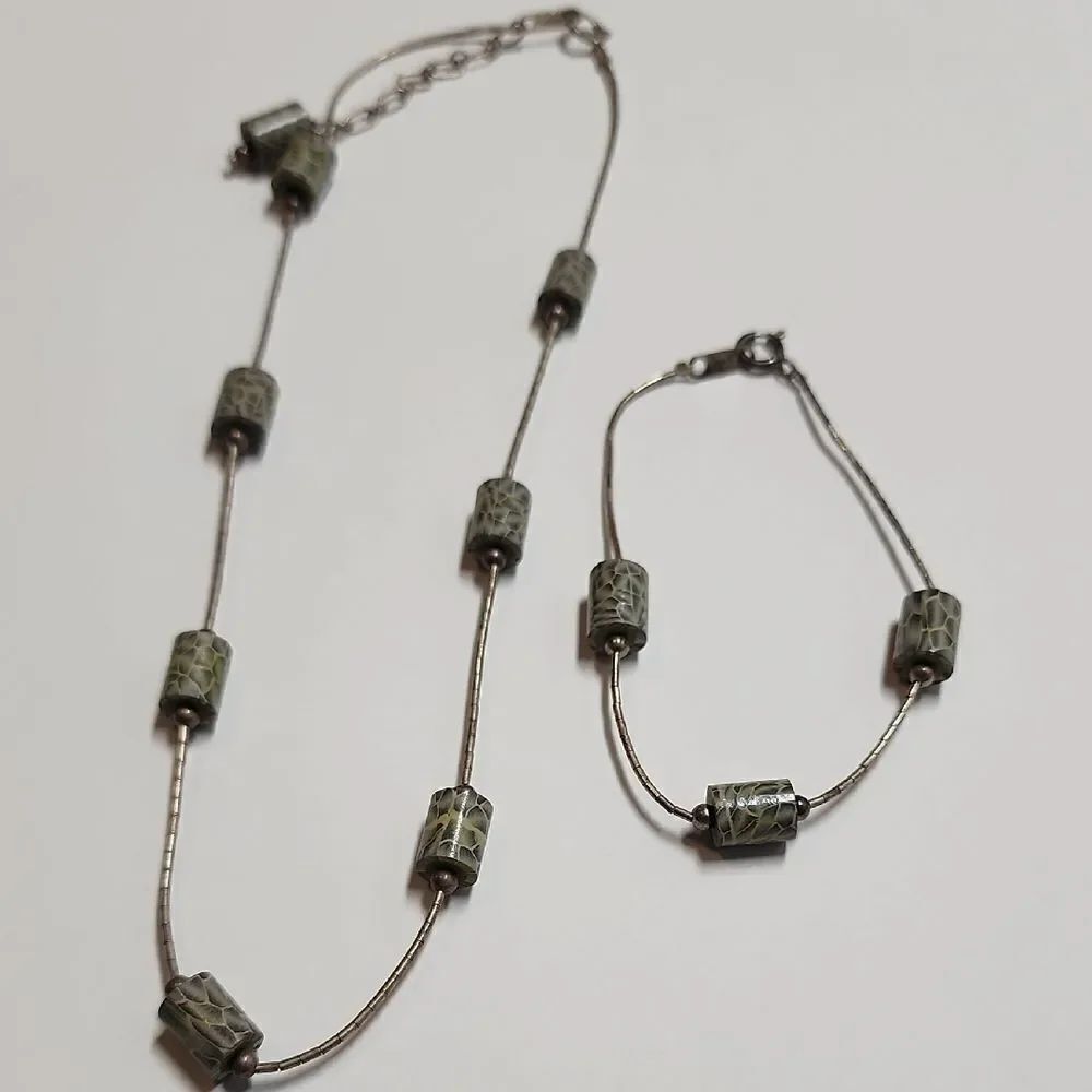 Vintage JORDAN Sterling Silver and Green Snake Print Beaded Jewelry Set
